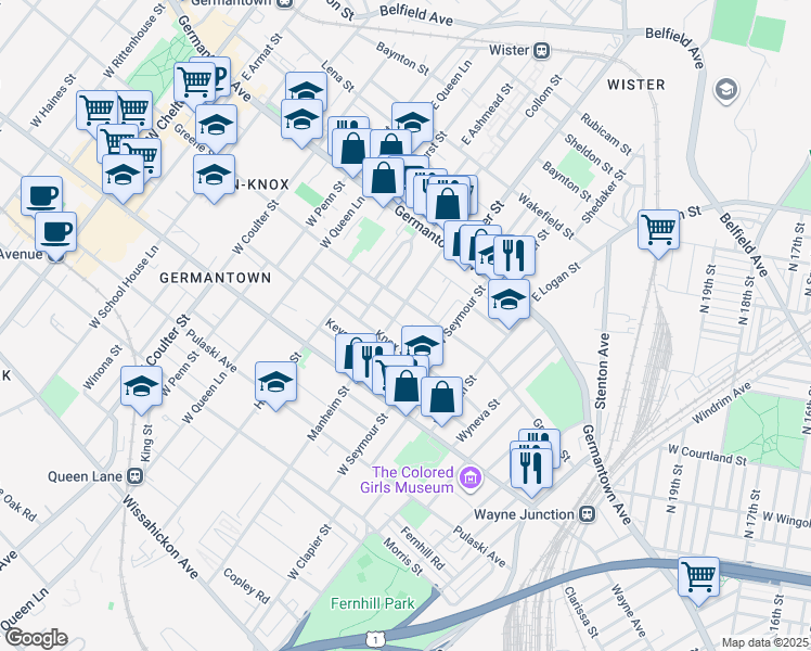 map of restaurants, bars, coffee shops, grocery stores, and more near 5020 Greene Street in Philadelphia