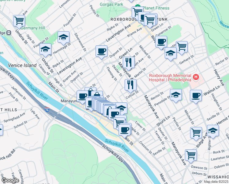 map of restaurants, bars, coffee shops, grocery stores, and more near 4344 Boone Street in Philadelphia