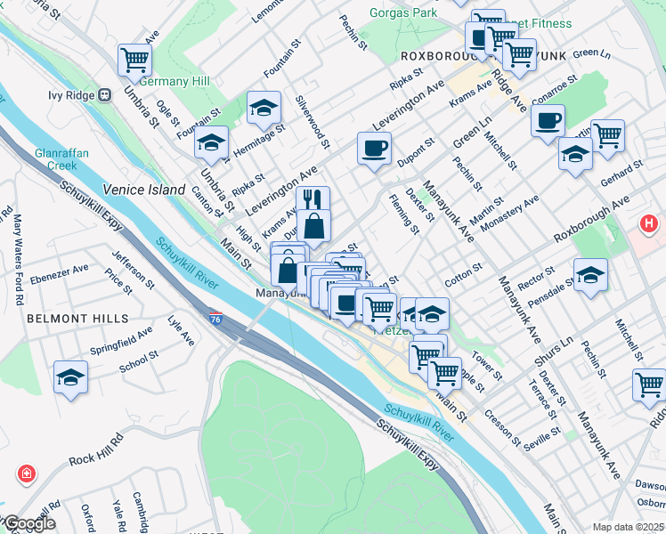 map of restaurants, bars, coffee shops, grocery stores, and more near 159 Carson Street in Philadelphia