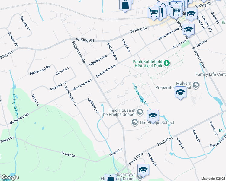 map of restaurants, bars, coffee shops, grocery stores, and more near 136 Carters Grove in Malvern