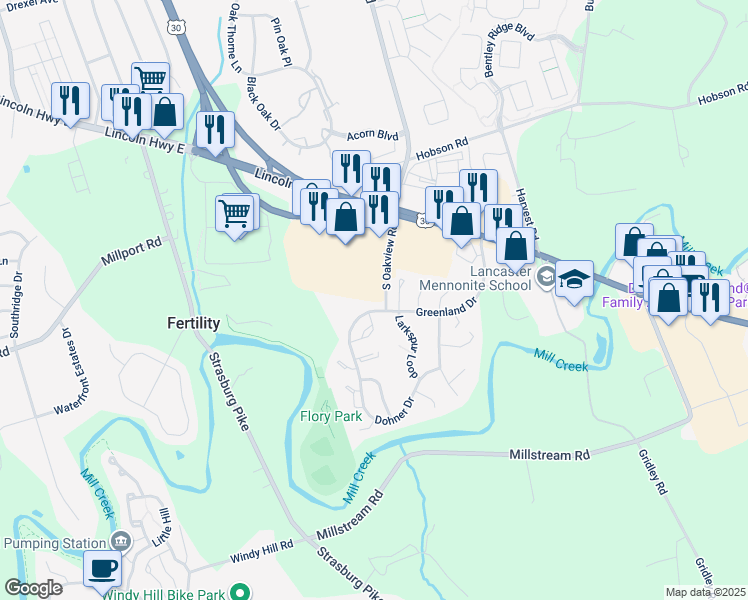 map of restaurants, bars, coffee shops, grocery stores, and more near 486 Greenland Drive in Lancaster