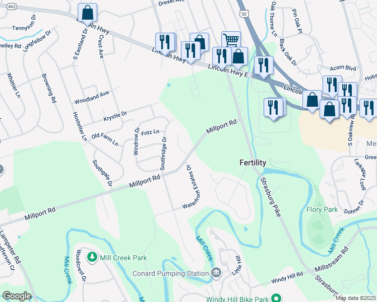 map of restaurants, bars, coffee shops, grocery stores, and more near 1926 Millport Road in Lancaster