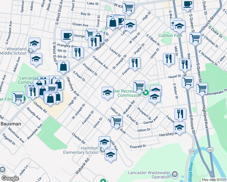 map of restaurants, bars, coffee shops, grocery stores, and more near 314 Prospect Street in Lancaster
