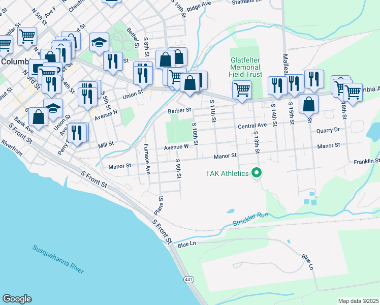 map of restaurants, bars, coffee shops, grocery stores, and more near 722 Manor Street in Columbia