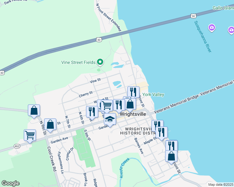map of restaurants, bars, coffee shops, grocery stores, and more near 230 Walnut Street in Wrightsville