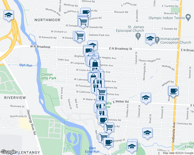 map of restaurants, bars, coffee shops, grocery stores, and more near 3245 North High Street in Columbus
