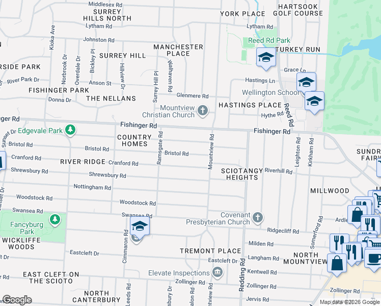 map of restaurants, bars, coffee shops, grocery stores, and more near 2221 Bristol Road in Columbus
