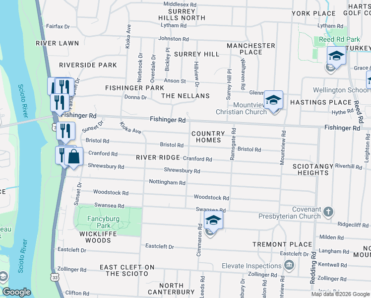 map of restaurants, bars, coffee shops, grocery stores, and more near 2454 Cranford Road in Columbus