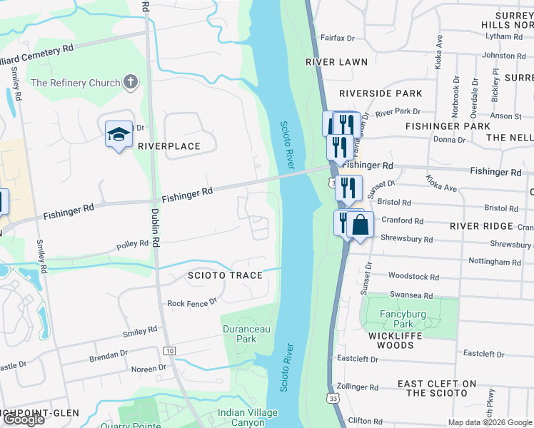 map of restaurants, bars, coffee shops, grocery stores, and more near 3450 River Rhone Lane in Columbus
