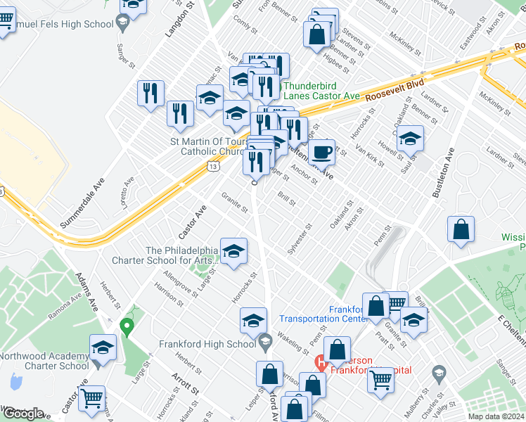 map of restaurants, bars, coffee shops, grocery stores, and more near 5259 Oxford Avenue in Philadelphia