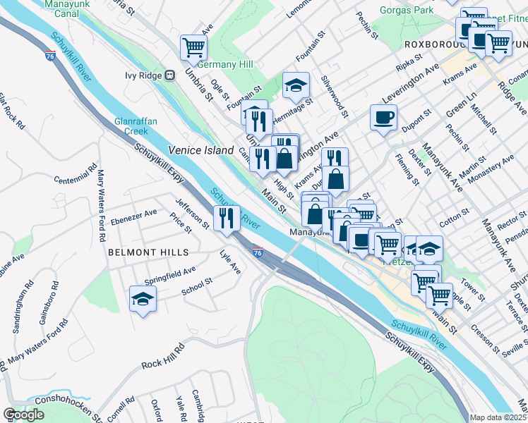 map of restaurants, bars, coffee shops, grocery stores, and more near 100 Gates Street in Philadelphia