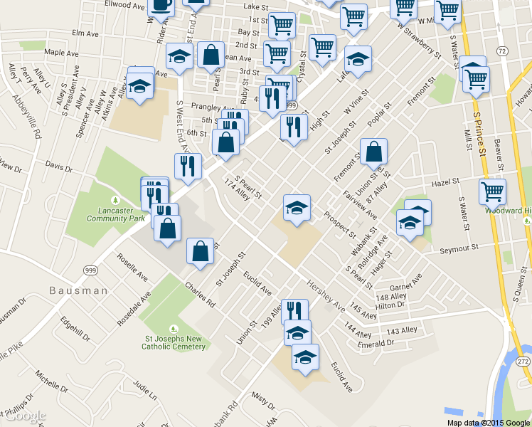 map of restaurants, bars, coffee shops, grocery stores, and more near 1015 Saint Joseph Street in Lancaster