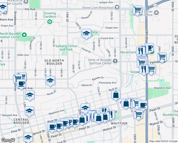 map of restaurants, bars, coffee shops, grocery stores, and more near 2001 Balsam Drive in Boulder