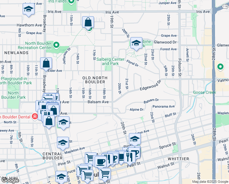 map of restaurants, bars, coffee shops, grocery stores, and more near 2865 19th Street in Boulder