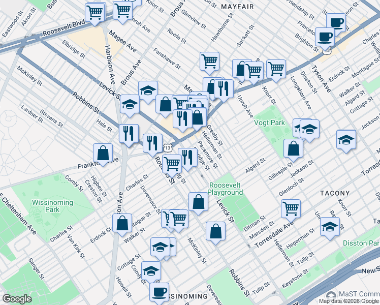 map of restaurants, bars, coffee shops, grocery stores, and more near 4119 Levick Street in Philadelphia