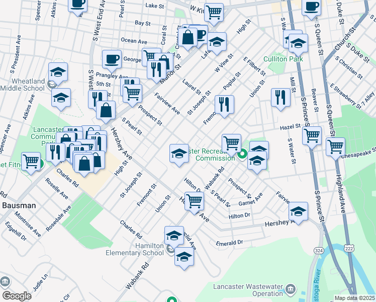 map of restaurants, bars, coffee shops, grocery stores, and more near 310 Prospect Street in Lancaster