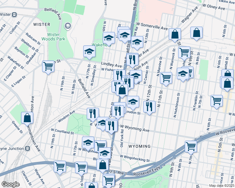 map of restaurants, bars, coffee shops, grocery stores, and more near 1360 West Rockland Street in Philadelphia