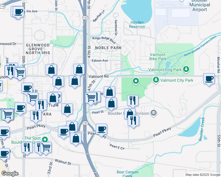 map of restaurants, bars, coffee shops, grocery stores, and more near 4865 Sterling Drive in Boulder