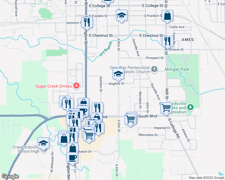 map of restaurants, bars, coffee shops, grocery stores, and more near 1301 South Elm Street in Crawfordsville