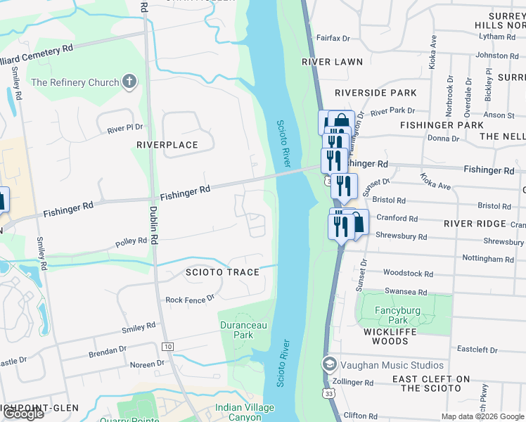 map of restaurants, bars, coffee shops, grocery stores, and more near 3450 River Rhone Lane in Columbus