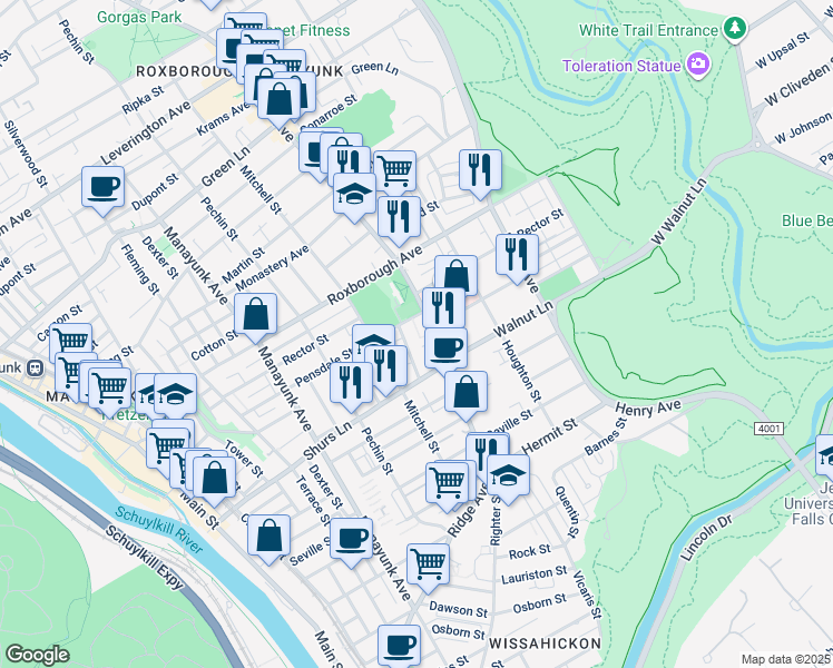 map of restaurants, bars, coffee shops, grocery stores, and more near 4143 Merrick Street in Philadelphia