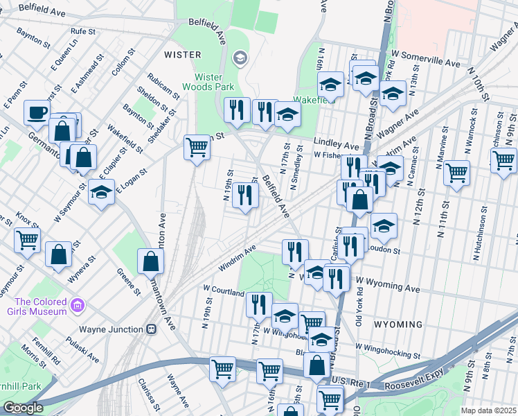 map of restaurants, bars, coffee shops, grocery stores, and more near 4838 North Bouvier Street in Philadelphia
