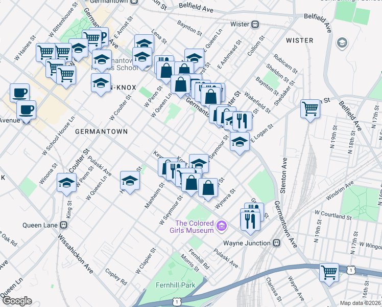 map of restaurants, bars, coffee shops, grocery stores, and more near 5020 Greene Street in Philadelphia