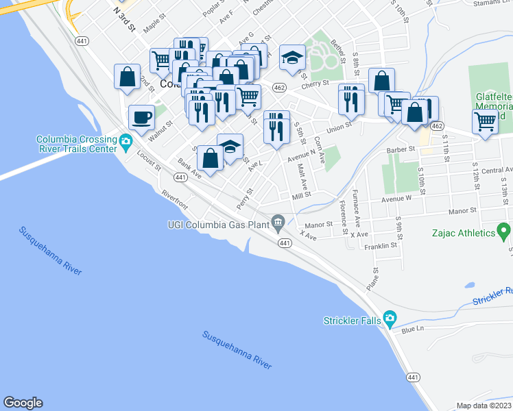 map of restaurants, bars, coffee shops, grocery stores, and more near 324 South 2nd Street in Columbia