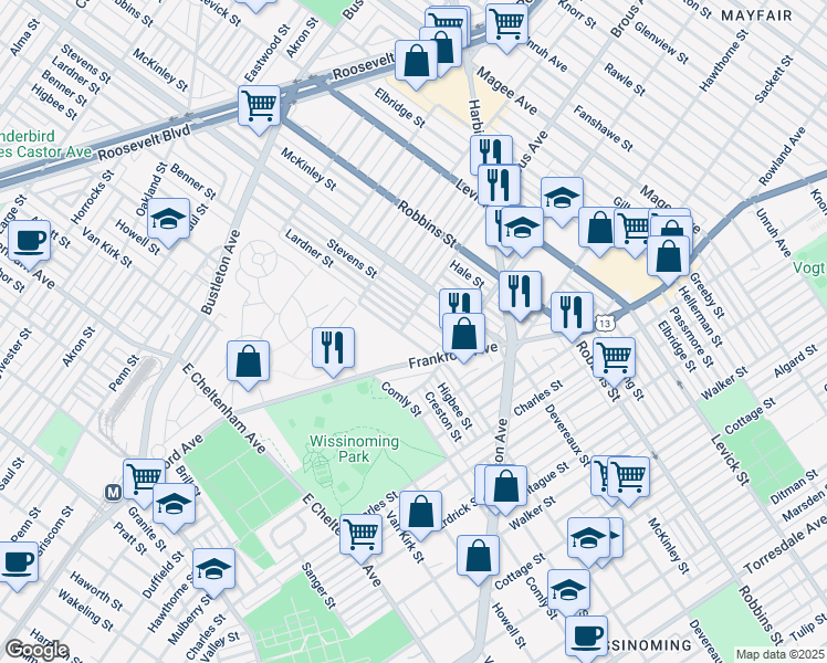 map of restaurants, bars, coffee shops, grocery stores, and more near 2909 Benner Street in Philadelphia