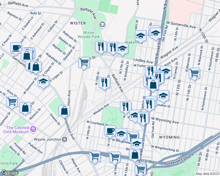 map of restaurants, bars, coffee shops, grocery stores, and more near 4838 North Bouvier Street in Philadelphia