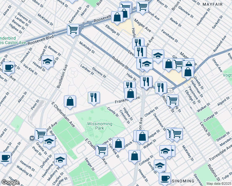 map of restaurants, bars, coffee shops, grocery stores, and more near 2909 Benner Street in Philadelphia