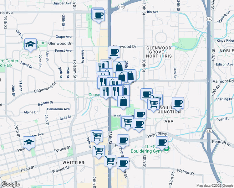 map of restaurants, bars, coffee shops, grocery stores, and more near 2704 28th Street in Boulder