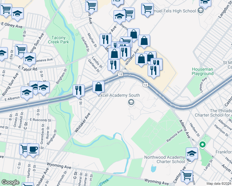 map of restaurants, bars, coffee shops, grocery stores, and more near 5231 Pennway Street in Philadelphia