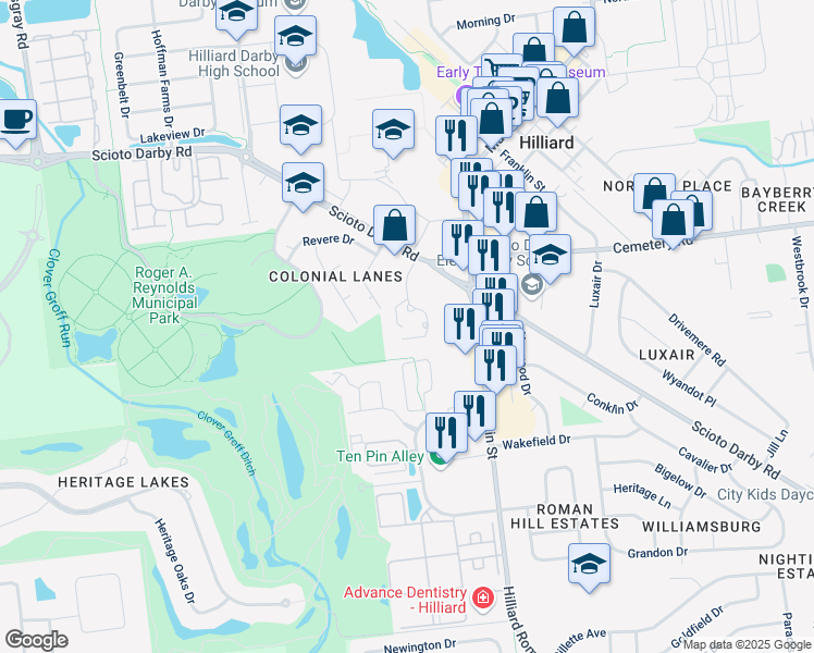 map of restaurants, bars, coffee shops, grocery stores, and more near 3750 Sturbridge Court in Hilliard