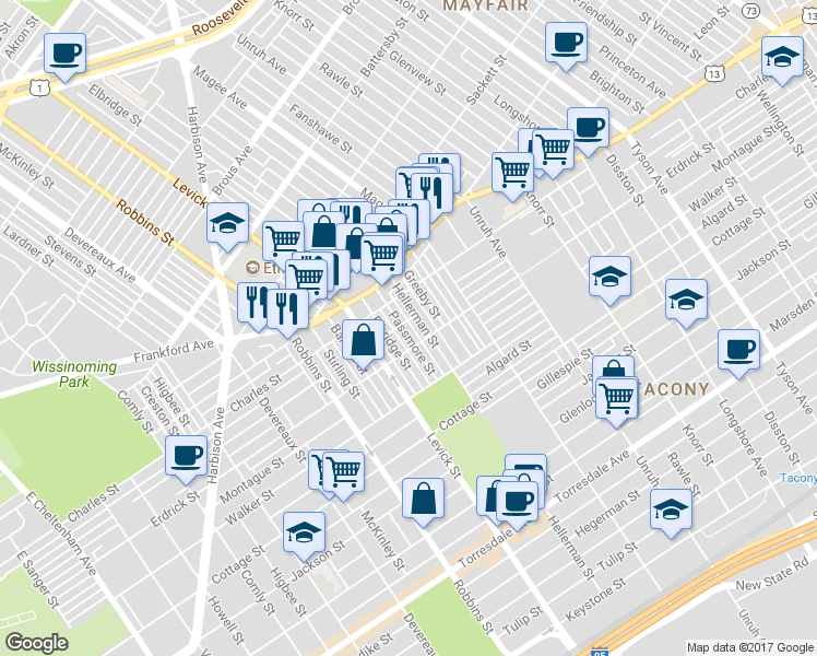 map of restaurants, bars, coffee shops, grocery stores, and more near 4139 Passmore Street in Philadelphia