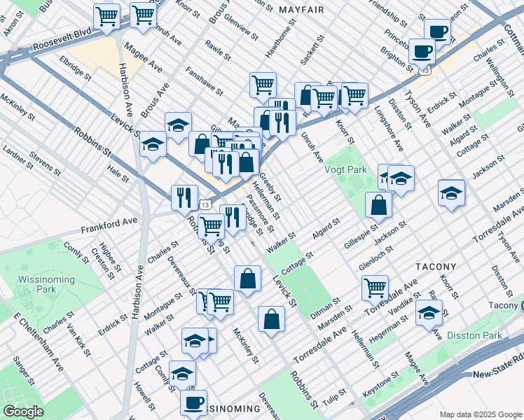 map of restaurants, bars, coffee shops, grocery stores, and more near 4139 Passmore Street in Philadelphia