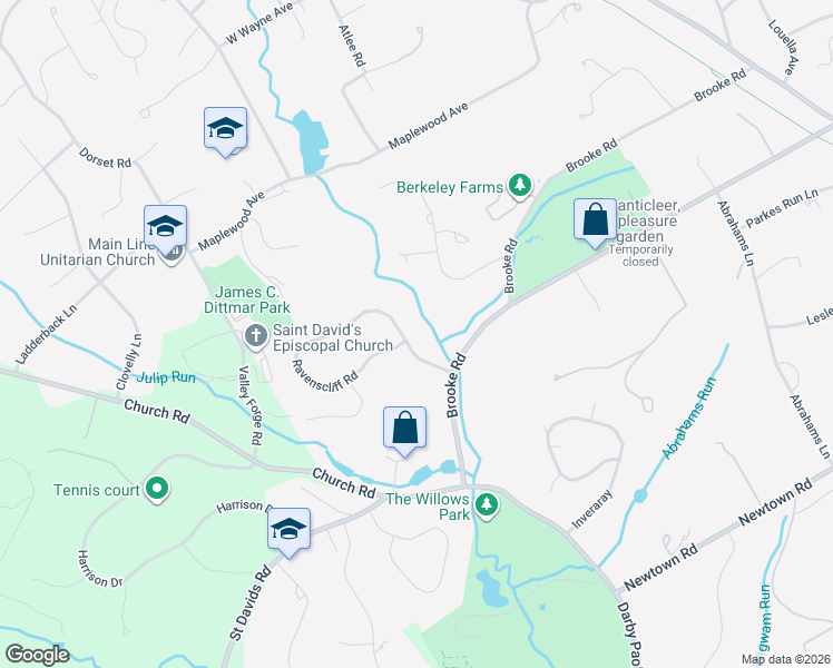 map of restaurants, bars, coffee shops, grocery stores, and more near 203 Ravenscliff Road in Saint Davids