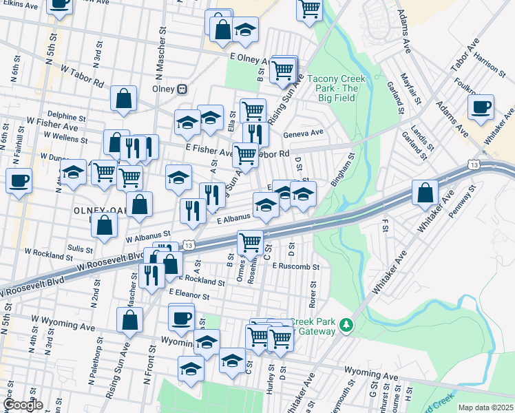 map of restaurants, bars, coffee shops, grocery stores, and more near 354 East Sheldon Street in Philadelphia
