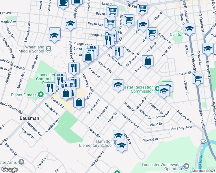 map of restaurants, bars, coffee shops, grocery stores, and more near 142 South Pearl Street in Lancaster