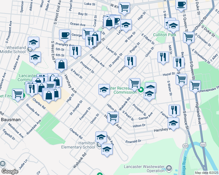 map of restaurants, bars, coffee shops, grocery stores, and more near 310 Prospect Street in Lancaster