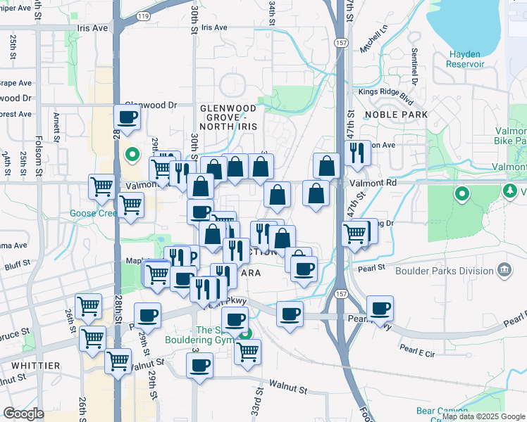 map of restaurants, bars, coffee shops, grocery stores, and more near 3401 Bluff Street in Boulder