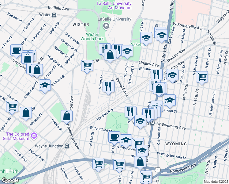 map of restaurants, bars, coffee shops, grocery stores, and more near 4840 North Bouvier Street in Philadelphia