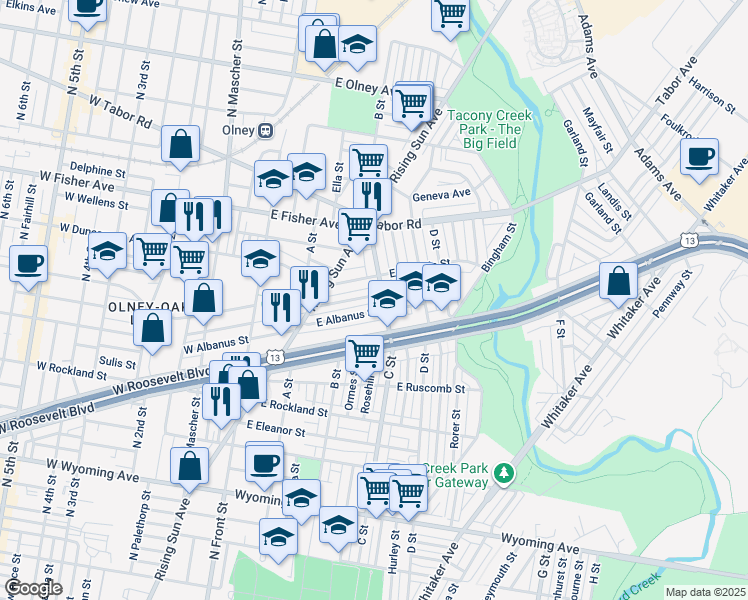 map of restaurants, bars, coffee shops, grocery stores, and more near 354 East Sheldon Street in Philadelphia