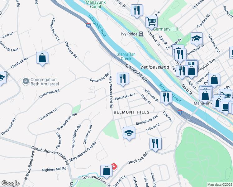 map of restaurants, bars, coffee shops, grocery stores, and more near 224 Jefferson Street in Bala Cynwyd