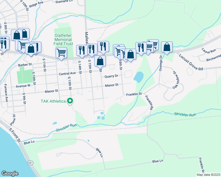 map of restaurants, bars, coffee shops, grocery stores, and more near 1610 Manor Street in Columbia