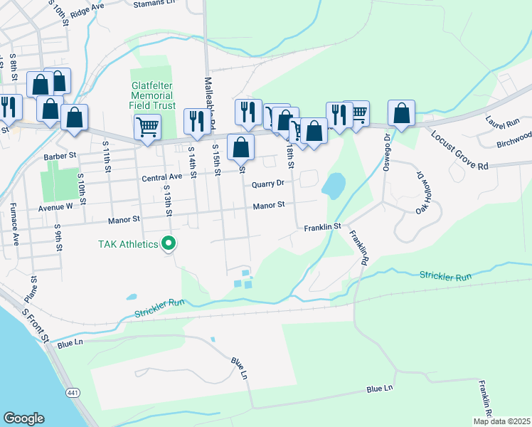 map of restaurants, bars, coffee shops, grocery stores, and more near 1610 Manor Street in Columbia