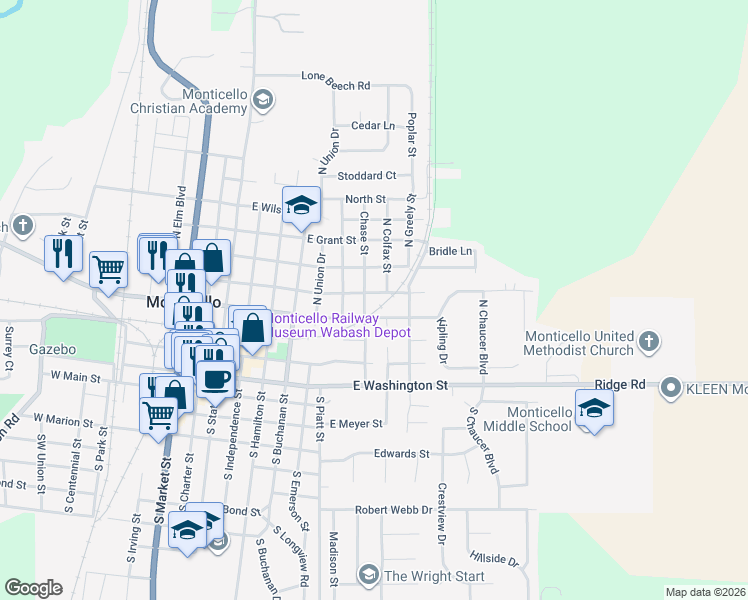map of restaurants, bars, coffee shops, grocery stores, and more near 820 East Center Street in Monticello