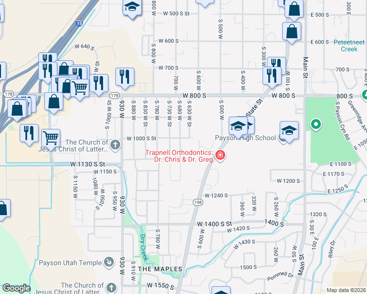 map of restaurants, bars, coffee shops, grocery stores, and more near 1039 South 680 West in Payson