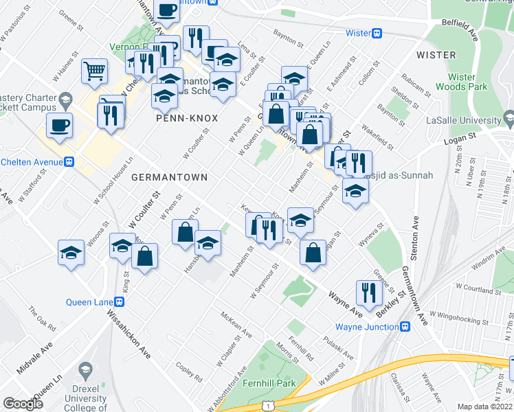 map of restaurants, bars, coffee shops, grocery stores, and more near 5134 Knox Street in Philadelphia