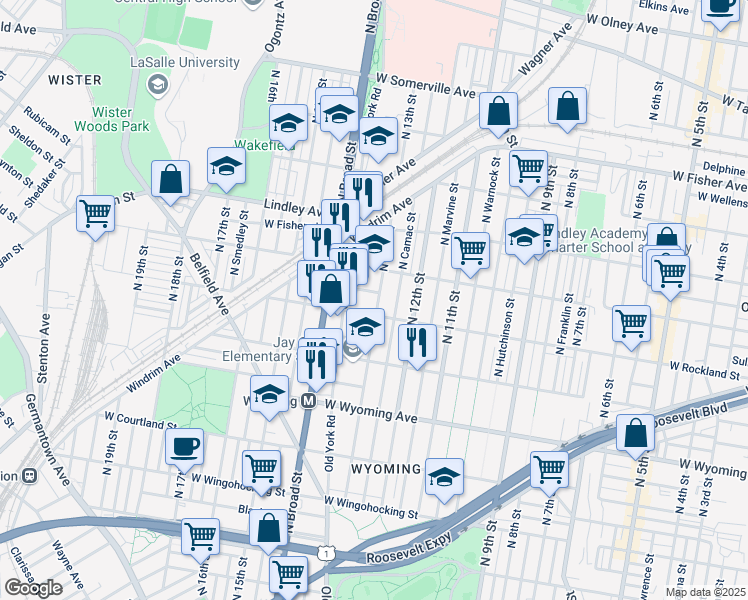 map of restaurants, bars, coffee shops, grocery stores, and more near 1300 West Albanus Street in Philadelphia